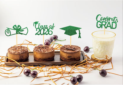 2026 Graduation Theme Cupcake Toppers Glitter Class of 2026 Graduation Cap Diploma Cupcake Picks - Set of 24 (Gold)