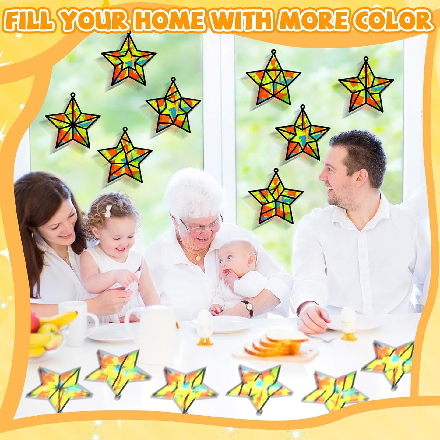 QOUBAI 32 Sets Stars Suncatchers Craft Back to School DIY Stained Glass Window Patriotic 4th of July Paper Craft Home School Classroom Decor Kid Birthday Gift Creative Art Activity Game - Colors A
