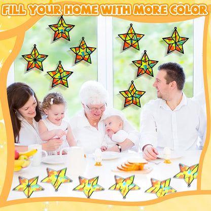 QOUBAI 32 Sets Stars Suncatchers Craft Back to School DIY Stained Glass Window Patriotic 4th of July Paper Craft Home School Classroom Decor Kid Birthday Gift Creative Art Activity Game - Colors A