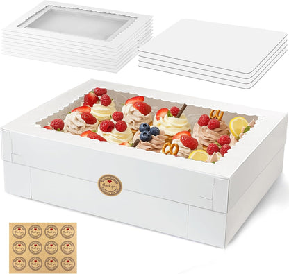 MUMULULU 4 PCS 19x14x4 Inch Cake Boxes with Cake Board White Sheet Rectangular Bakery Boxes with Window for Donuts Cookies Dessert Cupcakes Pastry Baking Pie Packaging