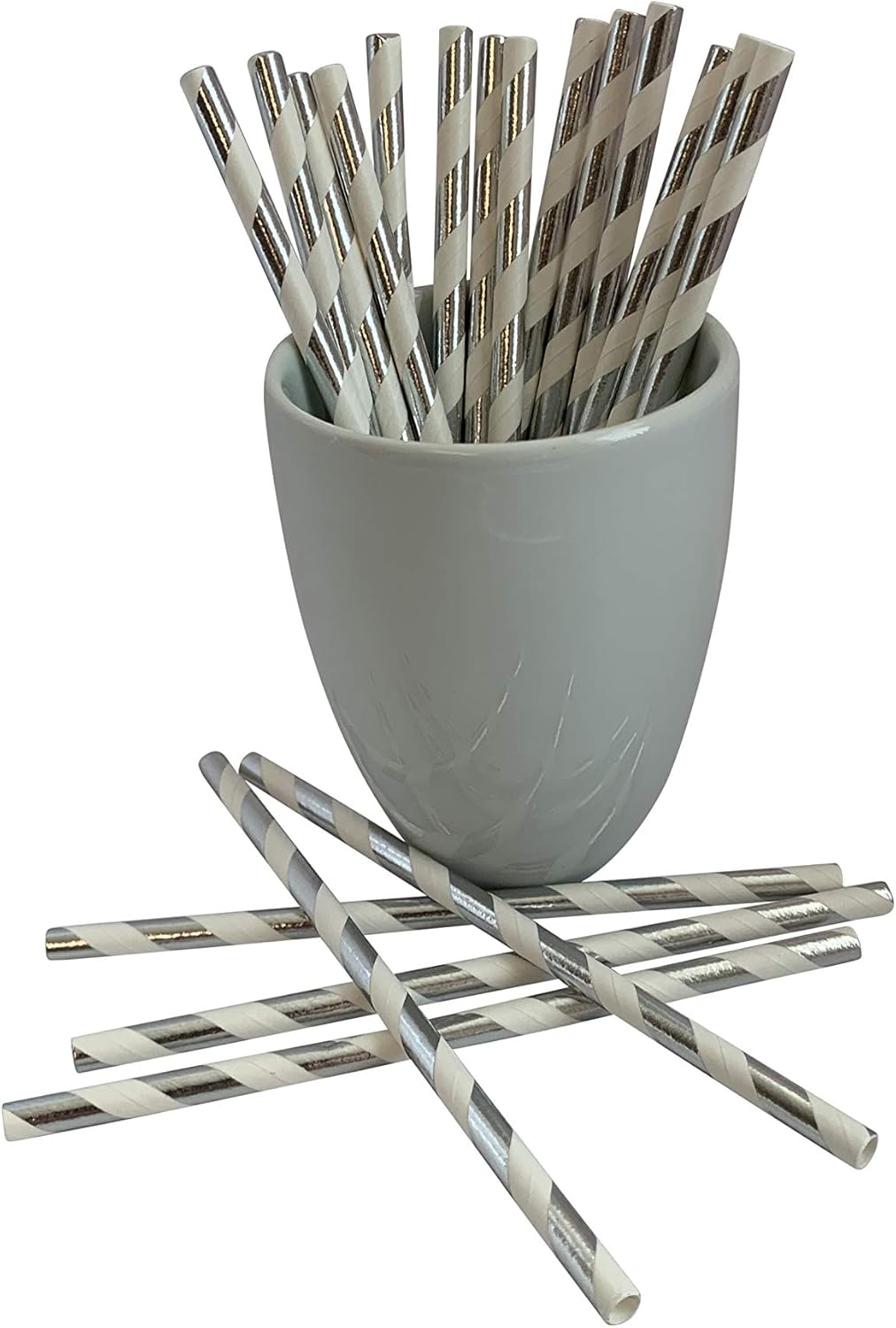 500 Count | Kingseal FSC Certified Paper Cocktail Straws, Unwrapped, 6mm x 5.75 Inches, Silver Stripe, Biodegradable, Earth Friendly, Bulk Pack - 1 Box of 500 Straws