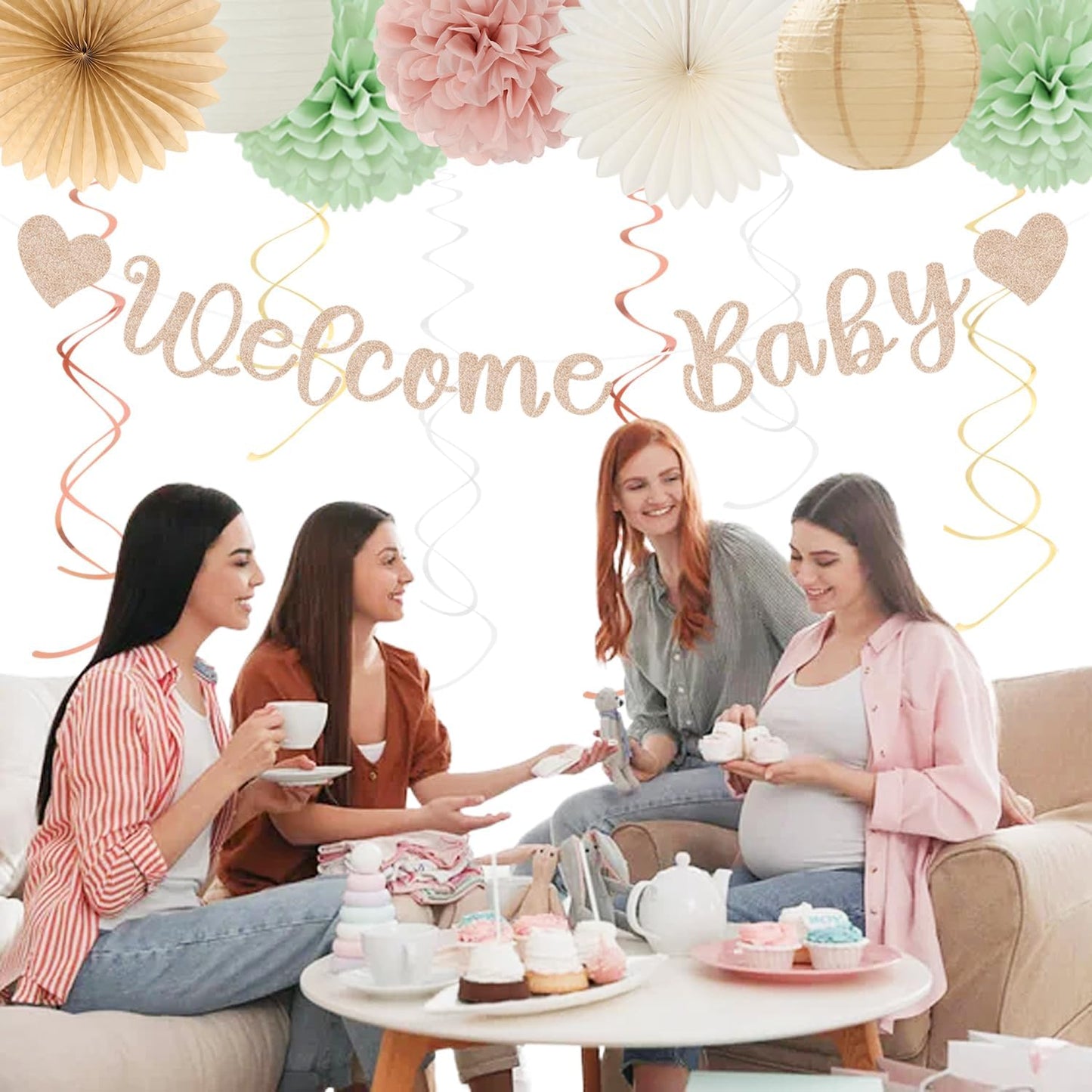 Champagne-Gold Beige Fall Baby-Shower Party-Decorations - 36pcs Welcome Home Banner Sign,Neutral Paper Lanterns,Girl Streamers Garland,Boho Hanging Tissue Pom Poms Flowers Fans Backdrop Decor Burgleda