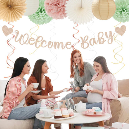 Champagne-Gold Beige Fall Baby-Shower Party-Decorations - 36pcs Welcome Home Banner Sign,Neutral Paper Lanterns,Girl Streamers Garland,Boho Hanging Tissue Pom Poms Flowers Fans Backdrop Decor Burgleda