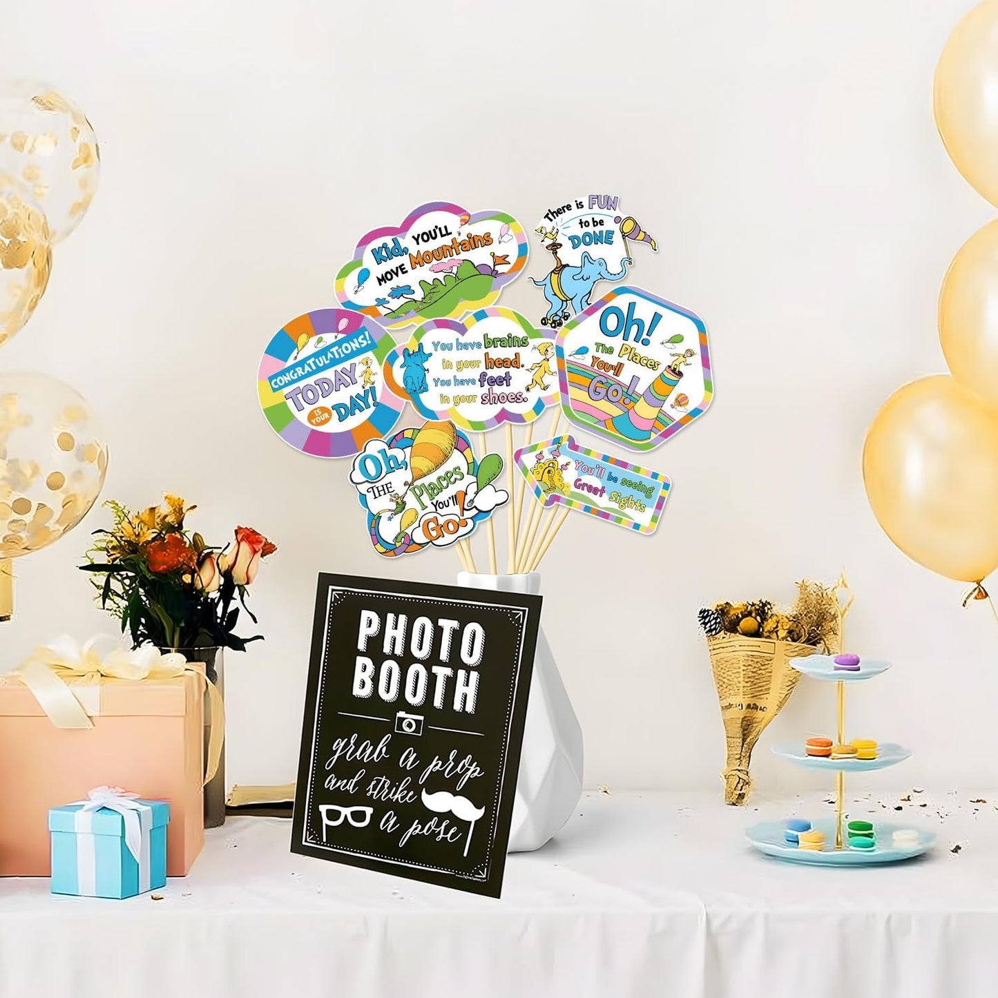 Oh The Places You'll Go Decorations, DIY Large Photo Frame and 30Pcs Selfie Photo Props Kit Dr Seu Birthday Decorations Graduation Photo Booth Props for Kindergarten Graduations Classroom Decor