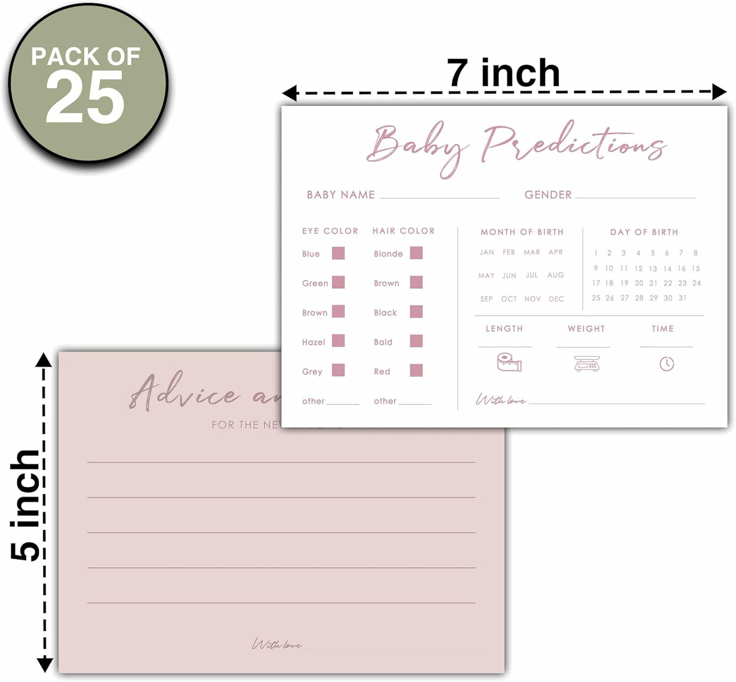 Baby Predictions and Advice Cards, 5" x 7" Pink Baby Shower Predictions Cards, Daily Party Games & Activities Favors for Newparents - G08