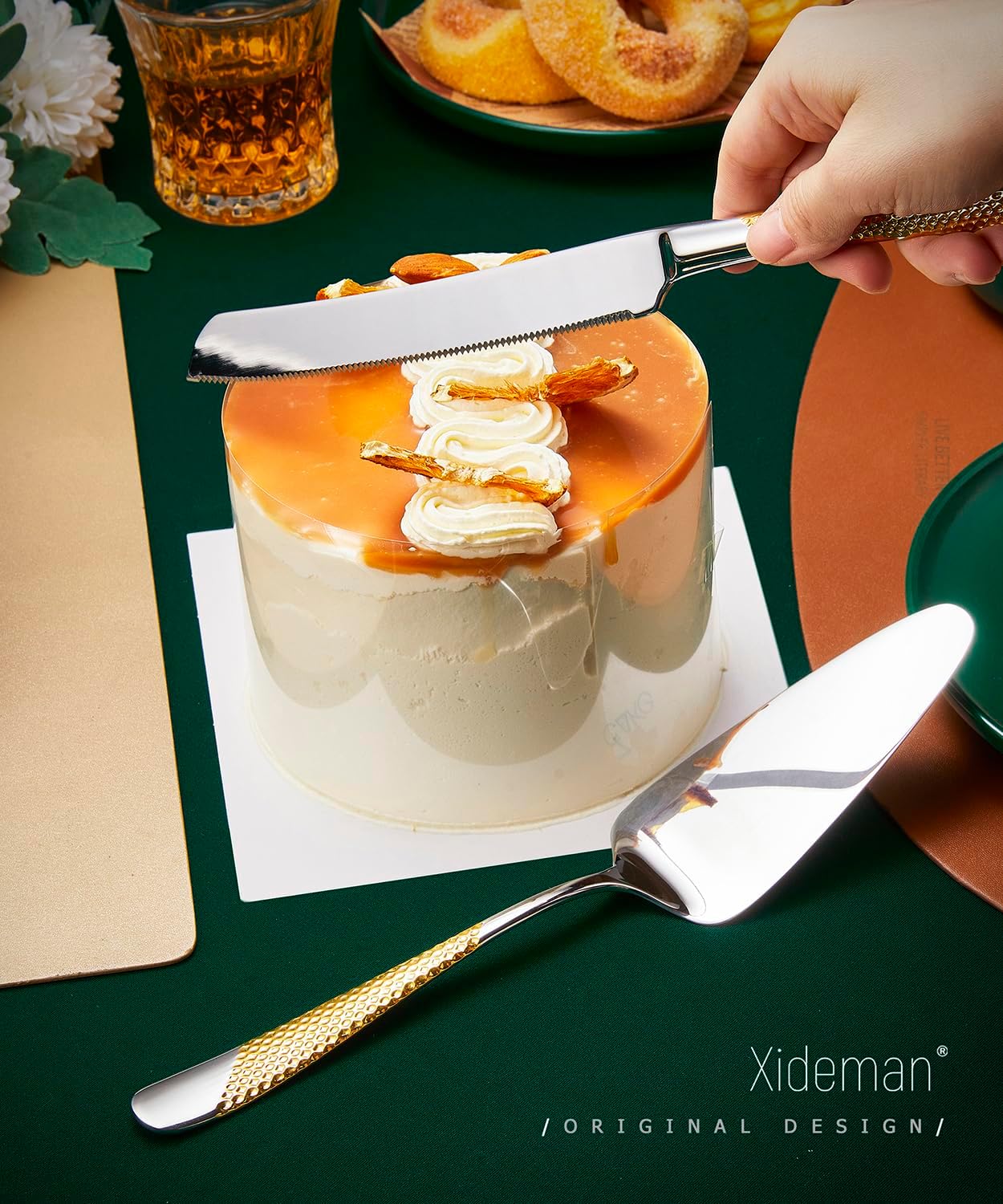 Xideman® 7-Piece Hammered 18/10 Stainless Steel Silverware Serving Utensil Set - Hostess Flatware with Cake Knife & Cake Server (Champagne Gold)