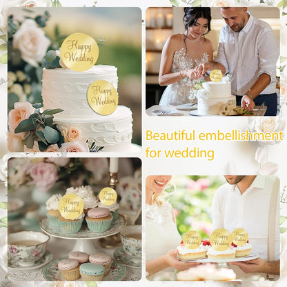 20pcs Gold Mirror Acrylic Happy Birthday Cupcake Toppers Round Engraved Cake Picks Happy Birthday Cake Toppers for DIY Birthday Gift Flower Bouquet Pastries Desserts Decor