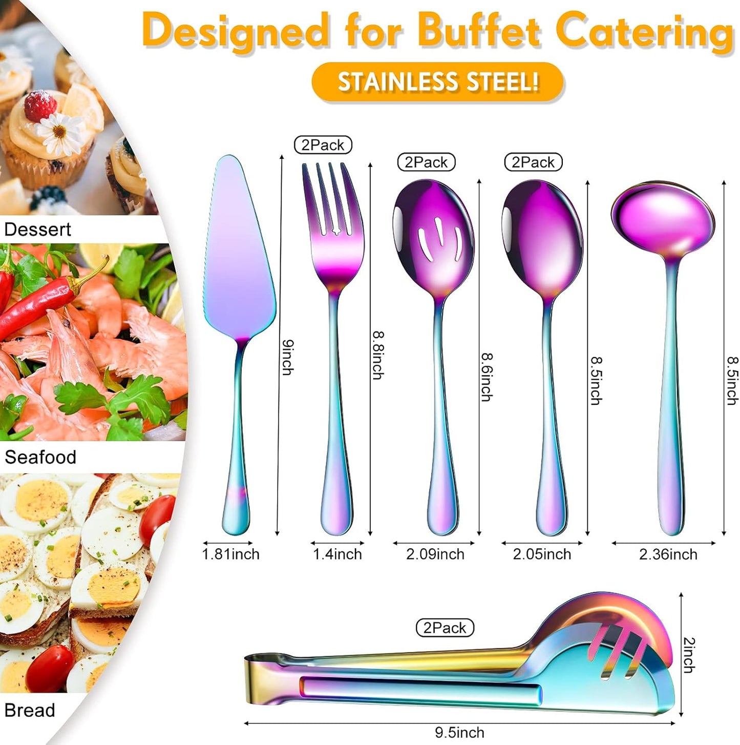 Patelai Serving Utensils Set Include Stainless Steel Large Spoons Slotted Spoons Forks Tongs Soup Ladle and Pie Server for Parties Buffet Catering, Dishwasher Safe(Silver,10 Pieces)