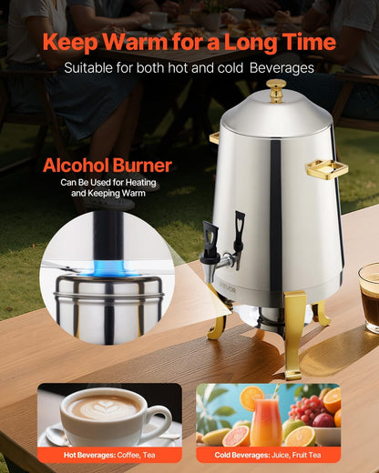 VEVOR Stainless Steel Beverage Dispenser, 3.4 Gallon Drink Dispenser with Alcohol Burner, Hot & Cold Drink Dispensers with Spigot for Coffee Tea Hot Water, Ideal for Restaurants, Hotels, Parties