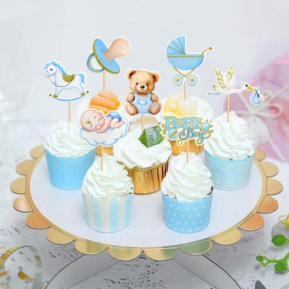 36Pcs Blue Baby Bear Cupcake Toppers Balloon Teddy Bears Cupcake Picks for Blue Baby Shower Gender Reveal Boys Bearly Birthday Cupcake Decorations We Can Bearly Wait Party Decorations Supplies
