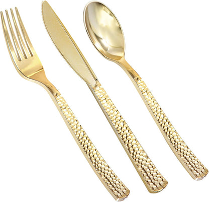 Supernal 180Pcs Silver Plastic Silverware Set, Elegant Hammered Design Heavy Duty Disposable Cutlery, Includes 60 Forks, 60 Knives, 60 Spoons,Silver Plastic Utensils for Wedding, Parties,Events