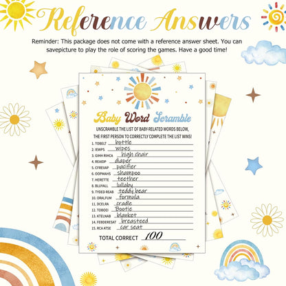 Yinder 145 Pcs Baby Shower Games Activities Cards with 20 Pencils Includes Baby Bingo Description and Wishes Guess Who Price is Right Word Scramble Game(Here Comes the Son)