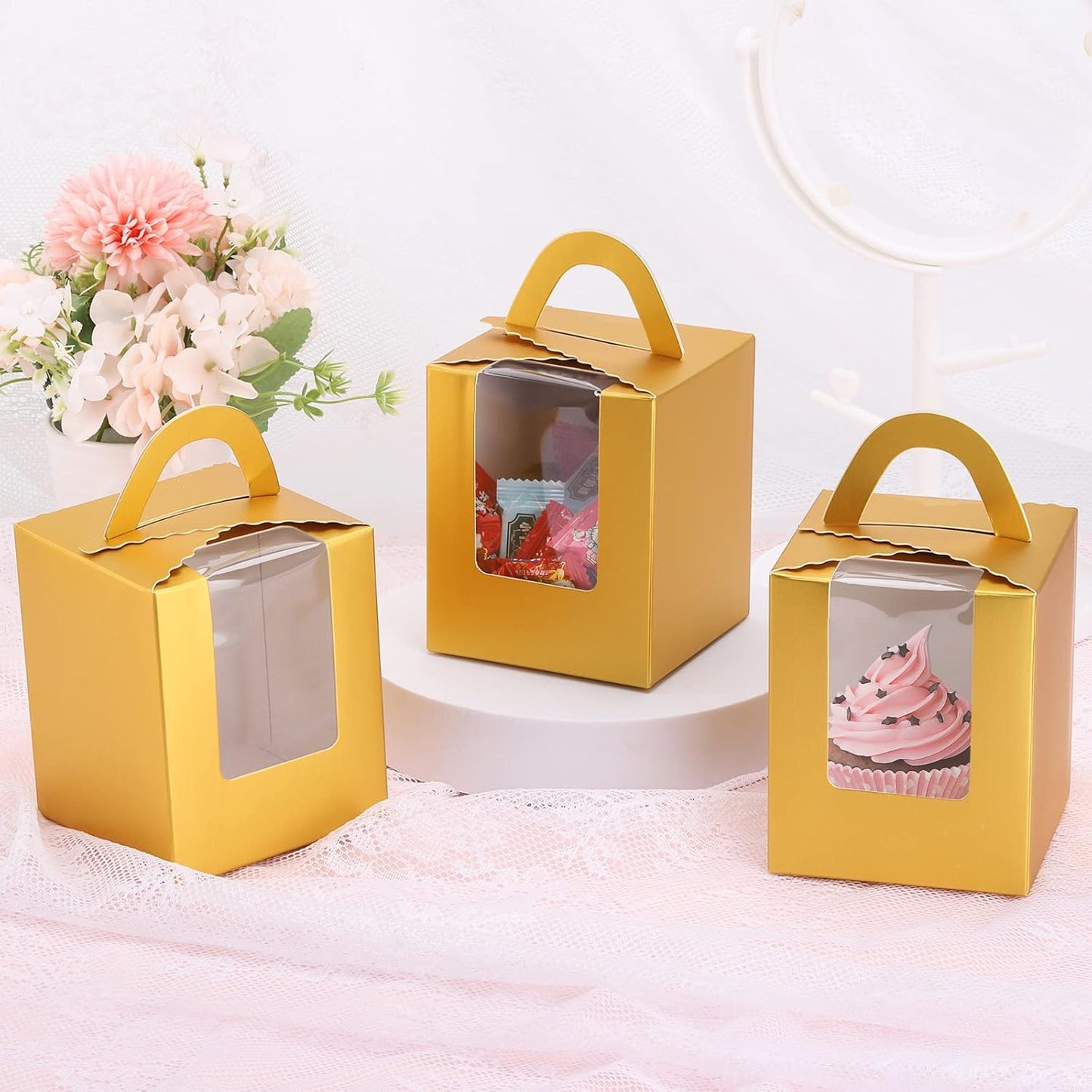 acDesign 100Pcs Cupcake Boxes With Window 3.6in*3.6in*4.3in Single Individual Cupcake Boxes With Handle and Inserts for Wedding Birthday Party Treats Gift,Black