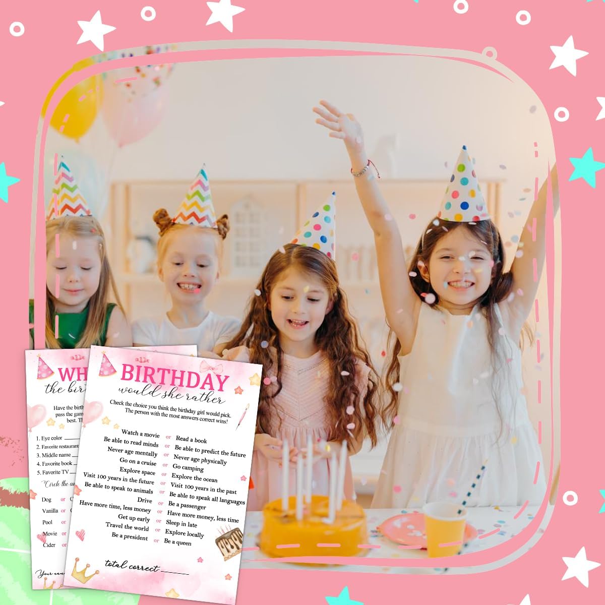 Birthday Party Cards for Girl, Birthday Games Card, Would She Rather Game Cards Set, Birthday Supplies Activity Decorations for Adult Girl, Set of 30 Game Cads