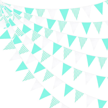 32Ft Dusty Blue Party Decorations Retro Blue Gingham Triangle Banner Flag Pennant Fabric Garland Streamers for Nautical Wedding Birthday Ahoy Achor Bridal Baby Shower Under The Sea Decor Supplies