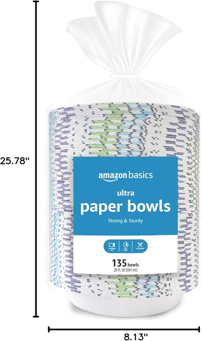 Amazon Basics Ultra Disposable Paper Bowls, 20 Oz, Microwave Safe, Soak Proof, Strong & Sturdy, White, 50 Count
