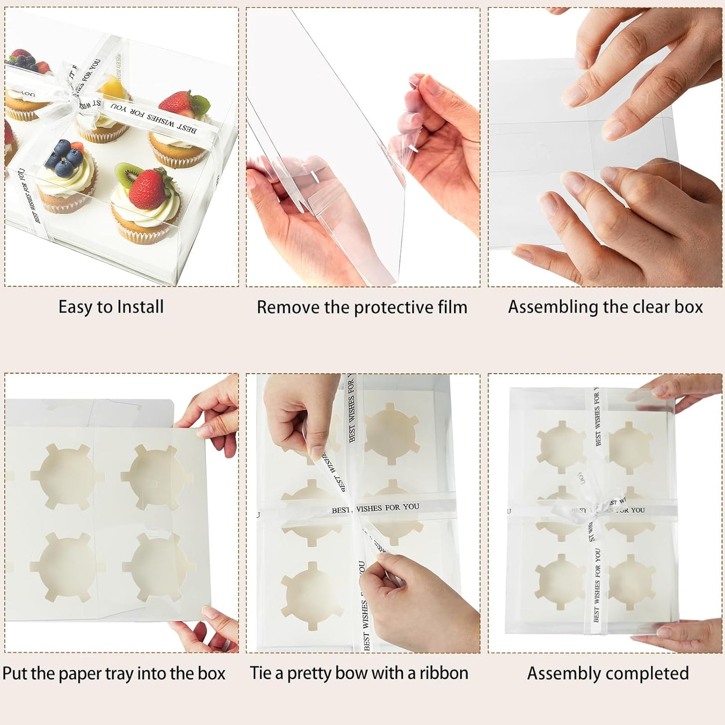 15 Pack Clear Cupcake Boxes, 6 Compartment Cupcake Container Set, Stackable Plastic Dessert Box with Gift Ribbon for Muffins, Macarons, Cookies, Dessert, Party(10.5 x 7.08 x 4 Inches)