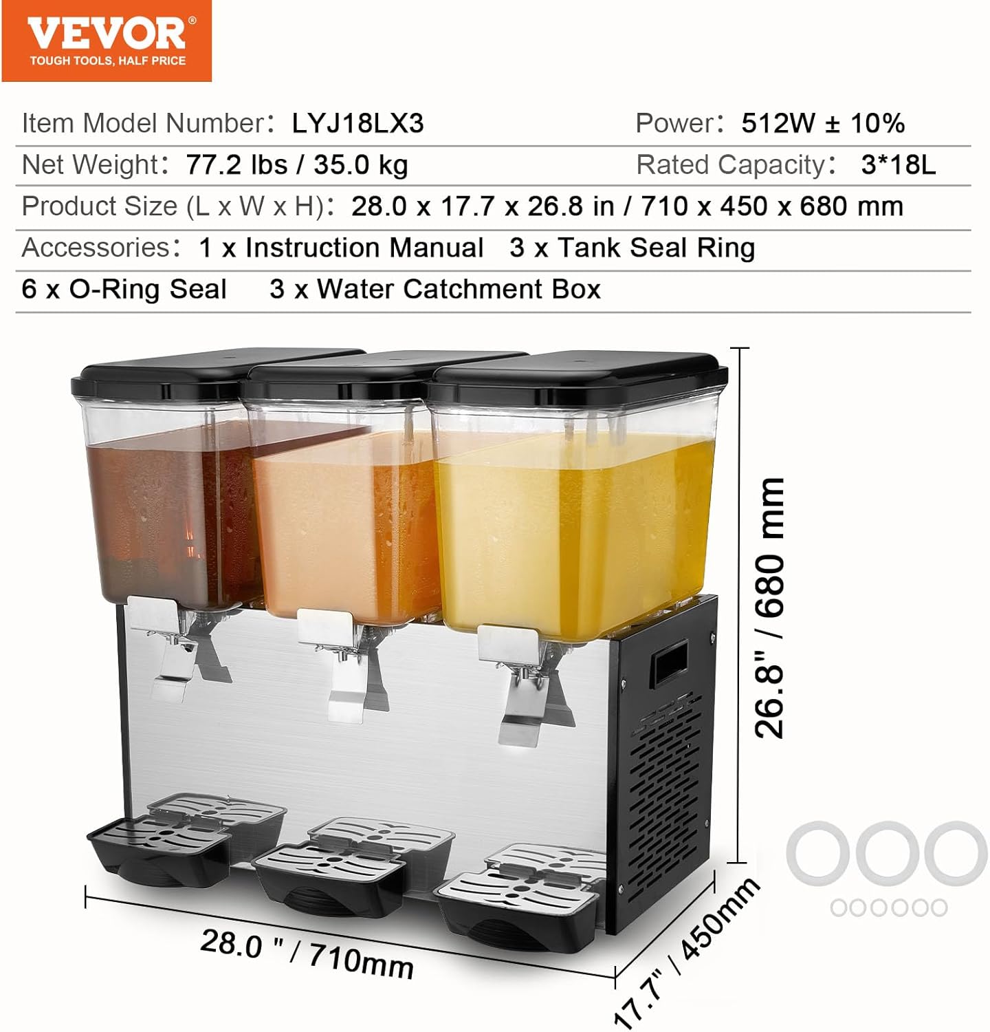 VEVOR Commercial Beverage Dispenser, 2 Tanks 18 L / 19 QT Per Tank Juice Dispenser, 370W Stainless Steel Ice Tea Drink Machine with 45°F-54°F Cooling Temperature, for Cold Drink Restaurant Bar Party