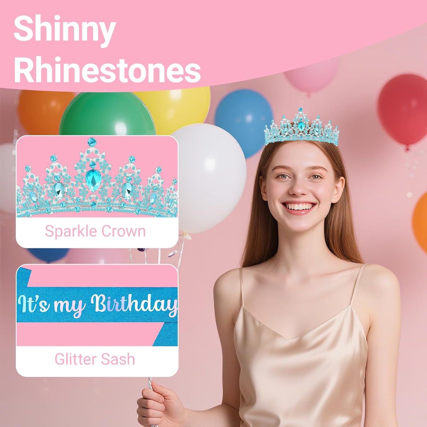 Birthday Tiara and Crown with Sash, Birthday Tiara for Women Party Silver