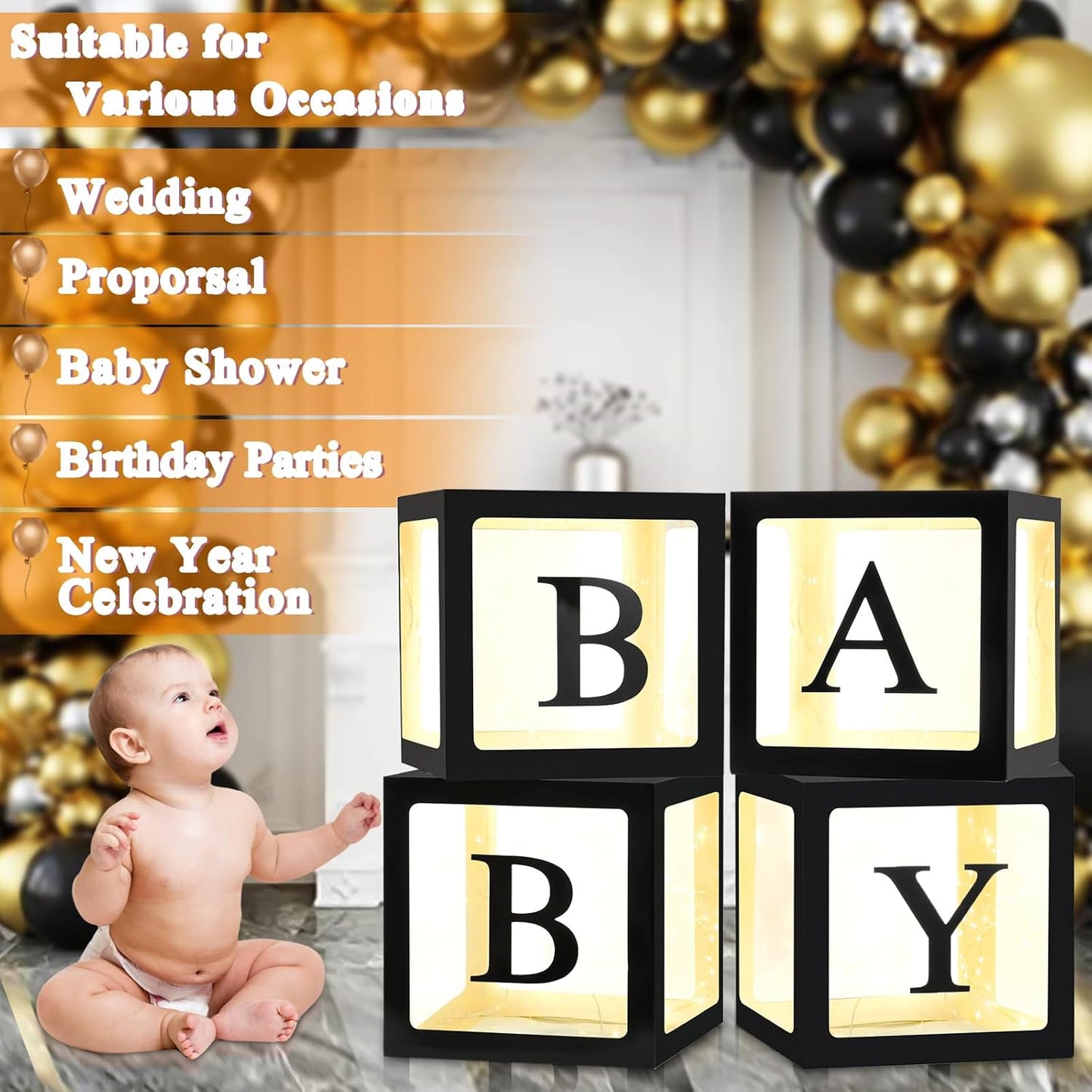 Ledido Transparent Balloon Boxes, Clear Balloon Boxes with 5 Pcs String Lights and 78 Letters for Baby Shower Gender Reveal 2026 New Year Grad Party Birthday Anniversary Bridal Decor - 5 White Boxes