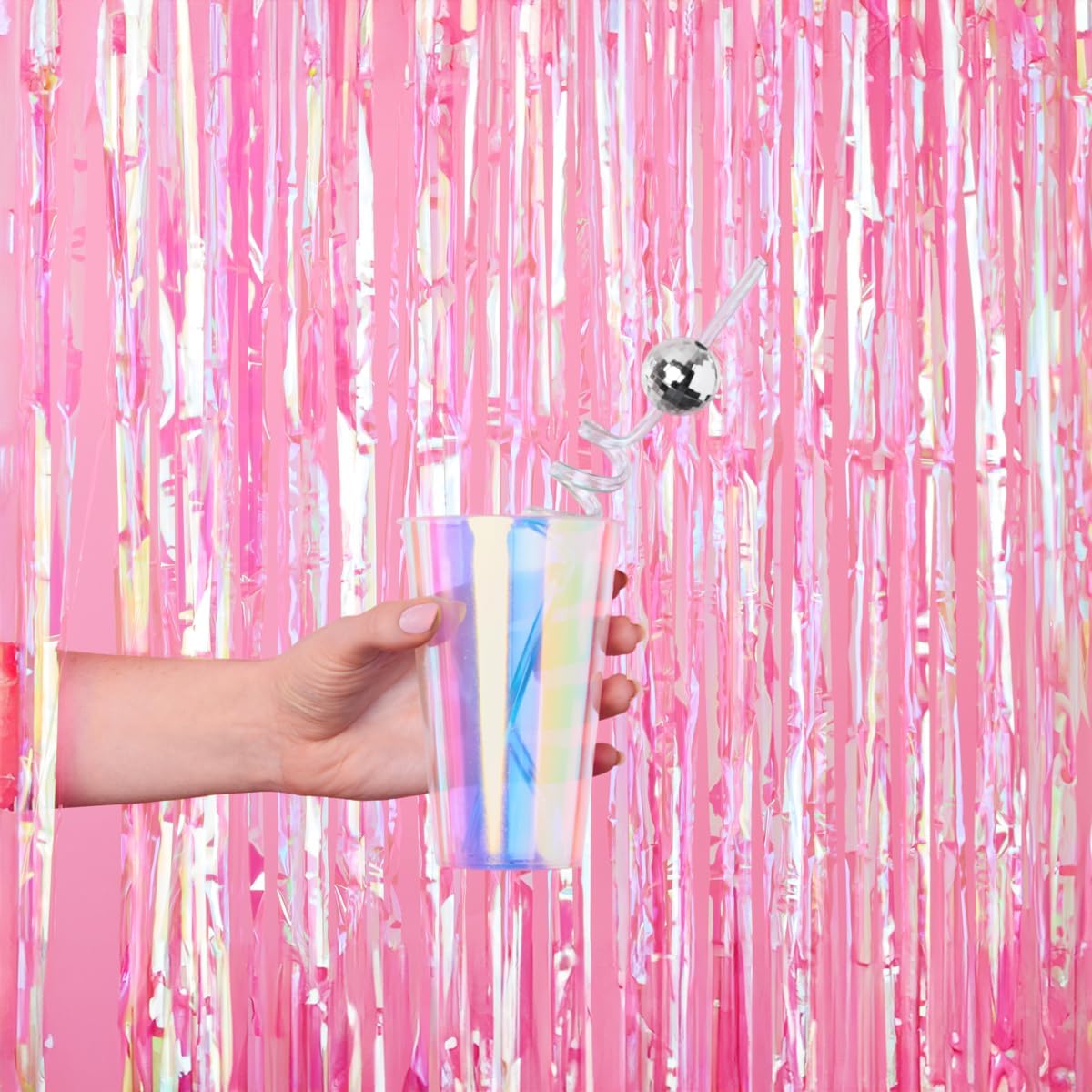 xo, Fetti Decorations Hot Pink Iridescent Fringe Foil Curtain - Set of 2 | Bachelorette Party Bridal Shower Backdrop, Wedding, Birthday Photo Booth