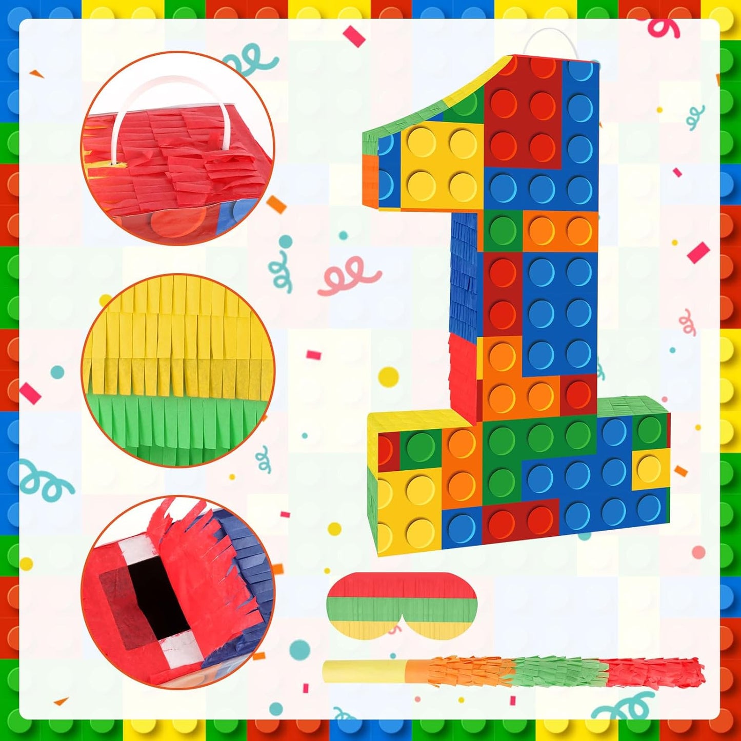 Number 7 Pinata Building Blocks with Pinata Stick Blindfold 7th Birthday Party Decorations Happy Birthday Building Block Theme Anniversary Party Supplies for Kids (Small, 16 x 10.6 x 3 in)