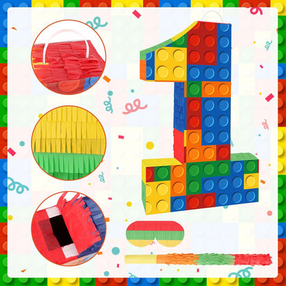Number 7 Pinata Building Blocks with Pinata Stick Blindfold 7th Birthday Party Decorations Happy Birthday Building Block Theme Anniversary Party Supplies for Kids (Small, 16 x 10.6 x 3 in)