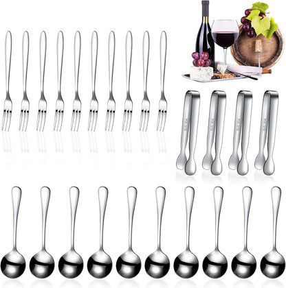 Cunhill 24 Pcs Charcuterie Accessories Mini Cocktail Tongs Small Serving Spoons and Appetizer Forks Stainless Steel Tongs Charcuterie Utensils for Valentine Party Supplies(Vivid Sharp Spoon,Silver)