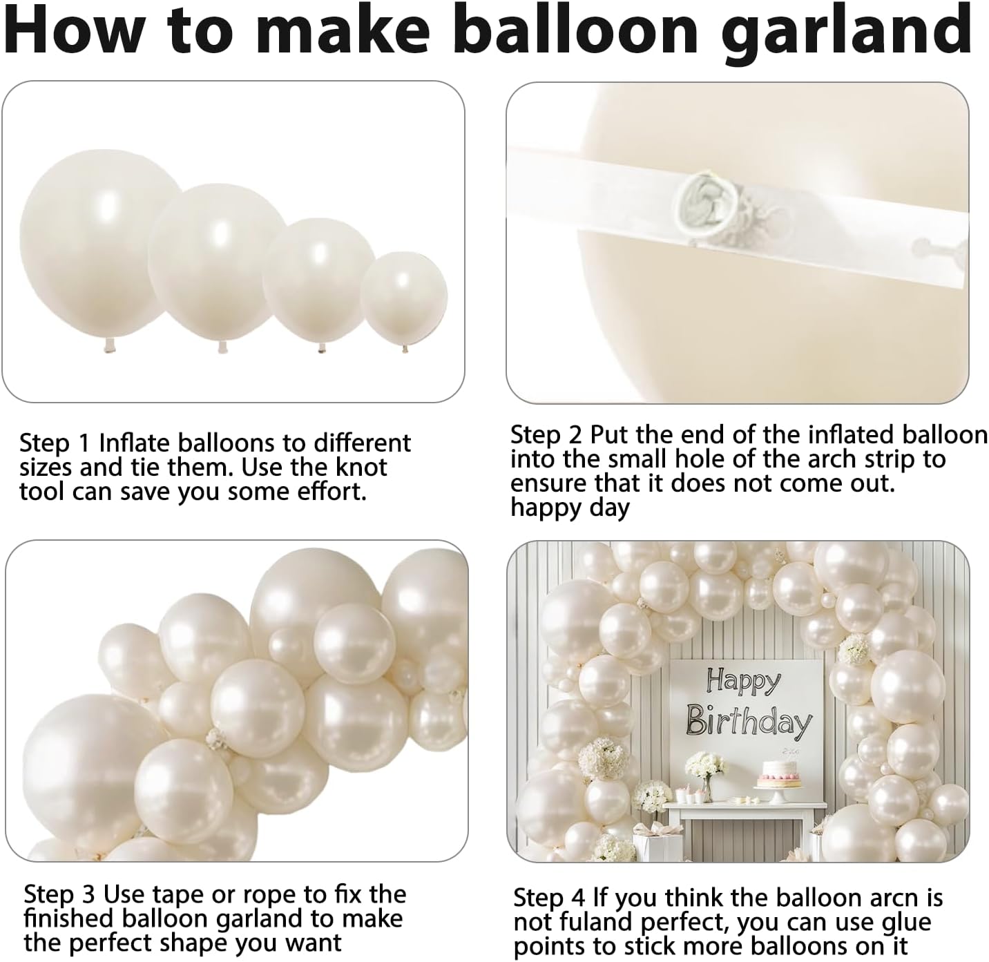 Pearl White Balloon Arch Kit,Double Stuffed Pastel White Cream Ivory Balloons Garland Kit Different Sizes 18/12/10/5 inch White Latex Balloon for Wedding Birthday Bridal Shower Party Decorations