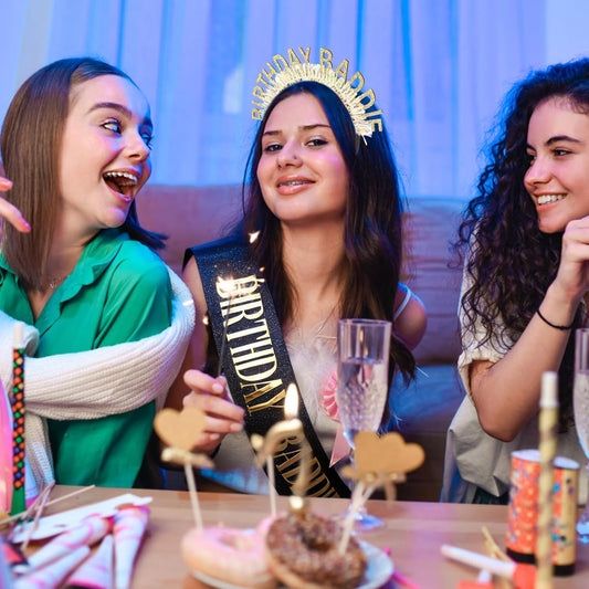 Chanaco Birthday Sash and Headband For Women Birthday Girl Sash Party Decorations Gold and Black Crown Outfit Baddie Accessories Trendy Gifts Dress
