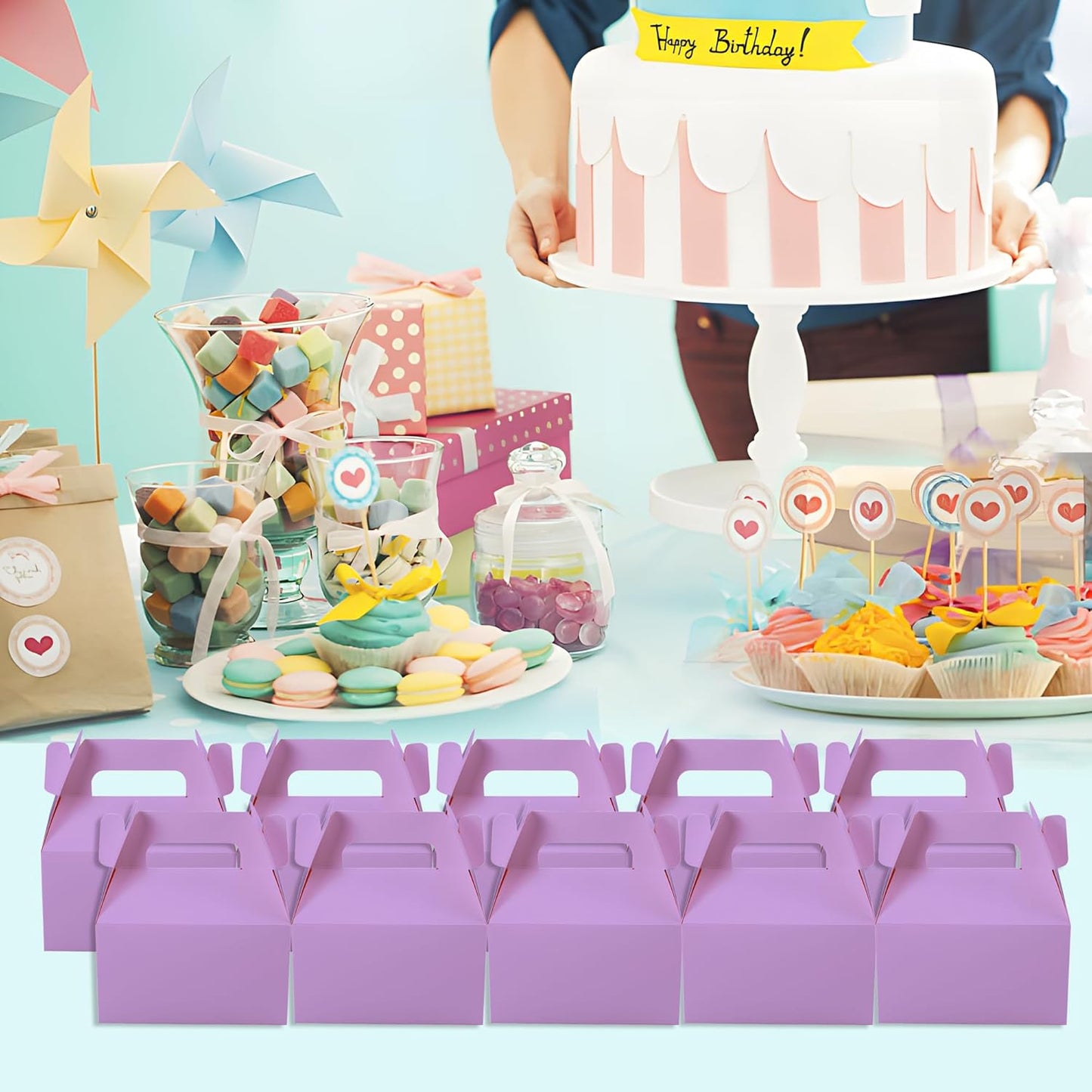 XAGLVV 24 Pack White Paper Gable Boxes,6.2 Inch Candy Boxes with Handle, Snack Party Favor& Gift Cookie bags for kids Birthday,Wedding, Baby Shower, Graduation.