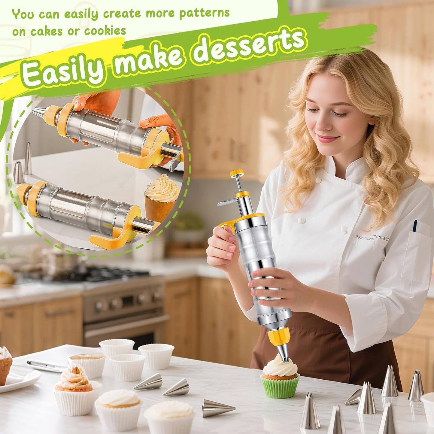 NOVANO Dessert Decorating Syringe Set, Frosting Piping Kit Stainless Steels Cake Decorating Kit with 54 Piping Tips & 9 silicone cupcakes, Cupcake Decorating Kit Piping Bags and Tips Set