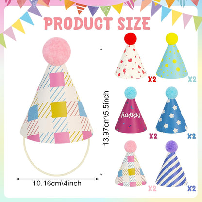 12 Pack Mini Party Hats for Stuffed Animals, Mini Hats with Pom Poms Dog Birthday Party Hats for Dolls Dog Cat Pet Birthday Decoration