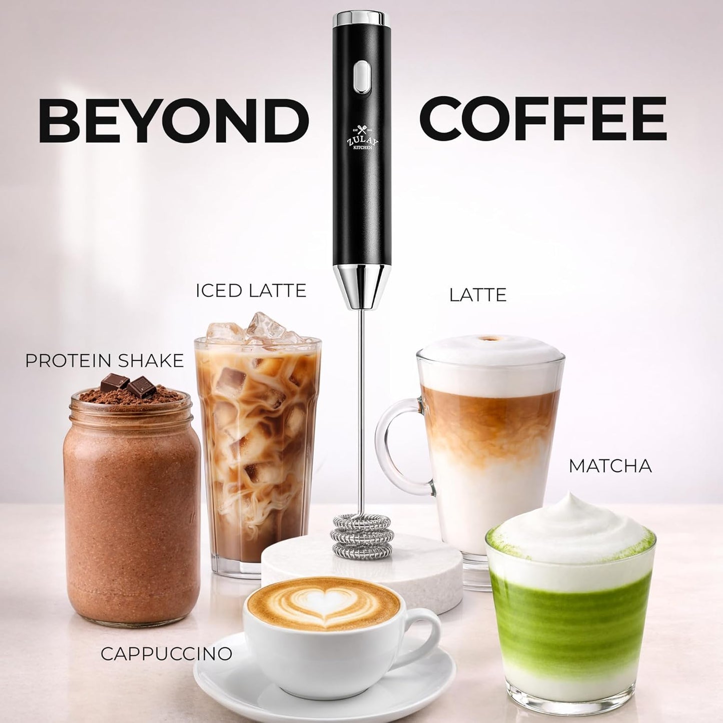 Zulay Kitchen Powerful Milk Frother Wand With Duracell Batteries - Ultra Fast Handheld Drink Mixer - Electric Whisk Foam Maker for Coffee, Lattes, Cappuccino & Matcha - Z1 Motor - Black - Colors A