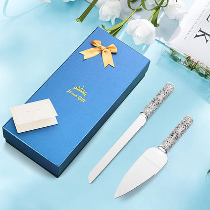 Gold Cake Knife and Server Set - 2 Piece Dessert Set Metal Handle with Crystal Stones Decoration for Wedding, Anniversary Party Birthday Banquets and Gifts for Bride and Groom