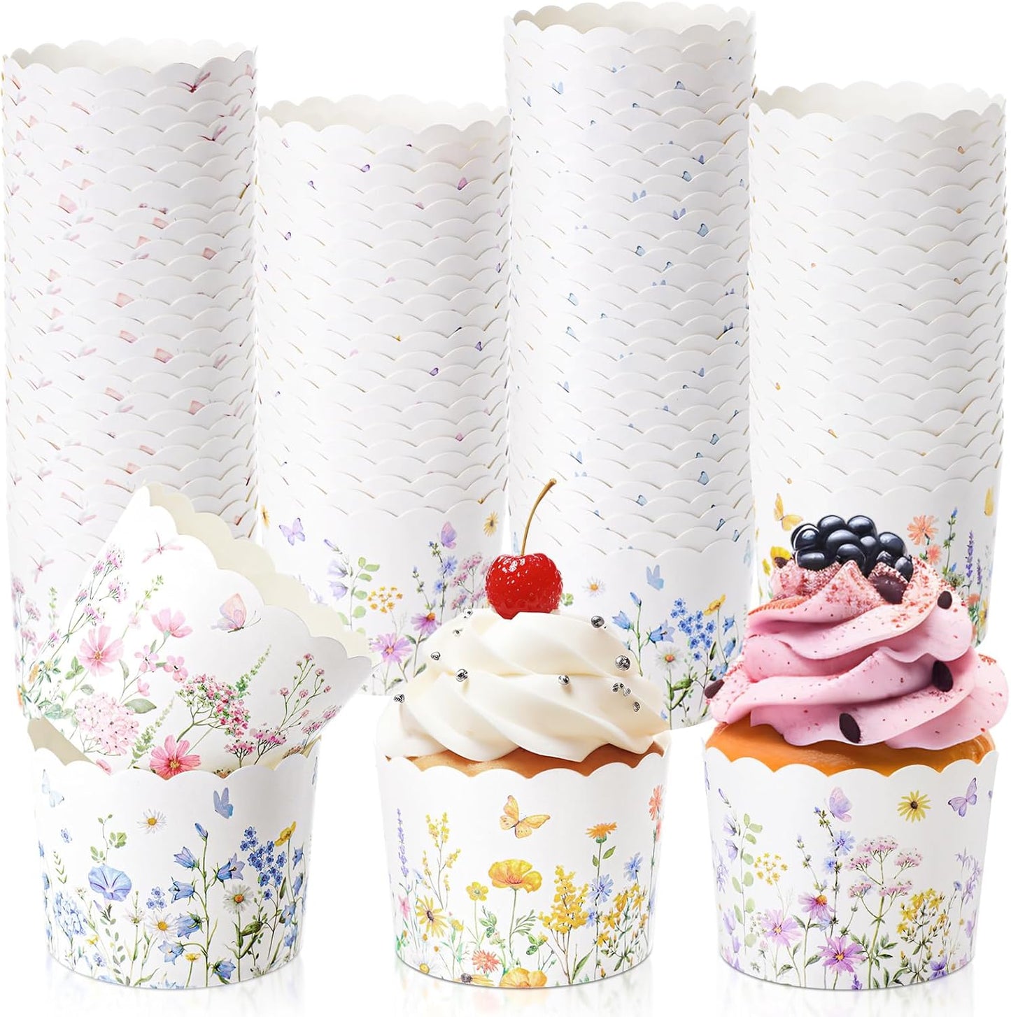 Qinyoung 120 Pcs Wildflower Cupcake Liner 4 Design Flower Paper Muffin Liner Scalloped Disposable Floral Baking Cup, Tea Party Baby/Bridal Shower Decoration for Spring Wedding Birthday Party Supplies