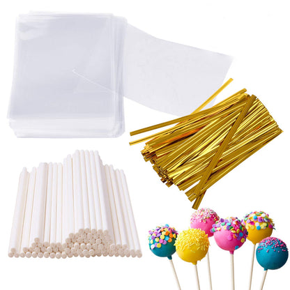 Augshy 300Pcs 6 Inch Cake Pops Making Tools - 100Pcs Cake Pop Sticks, Bags and Twist Ties