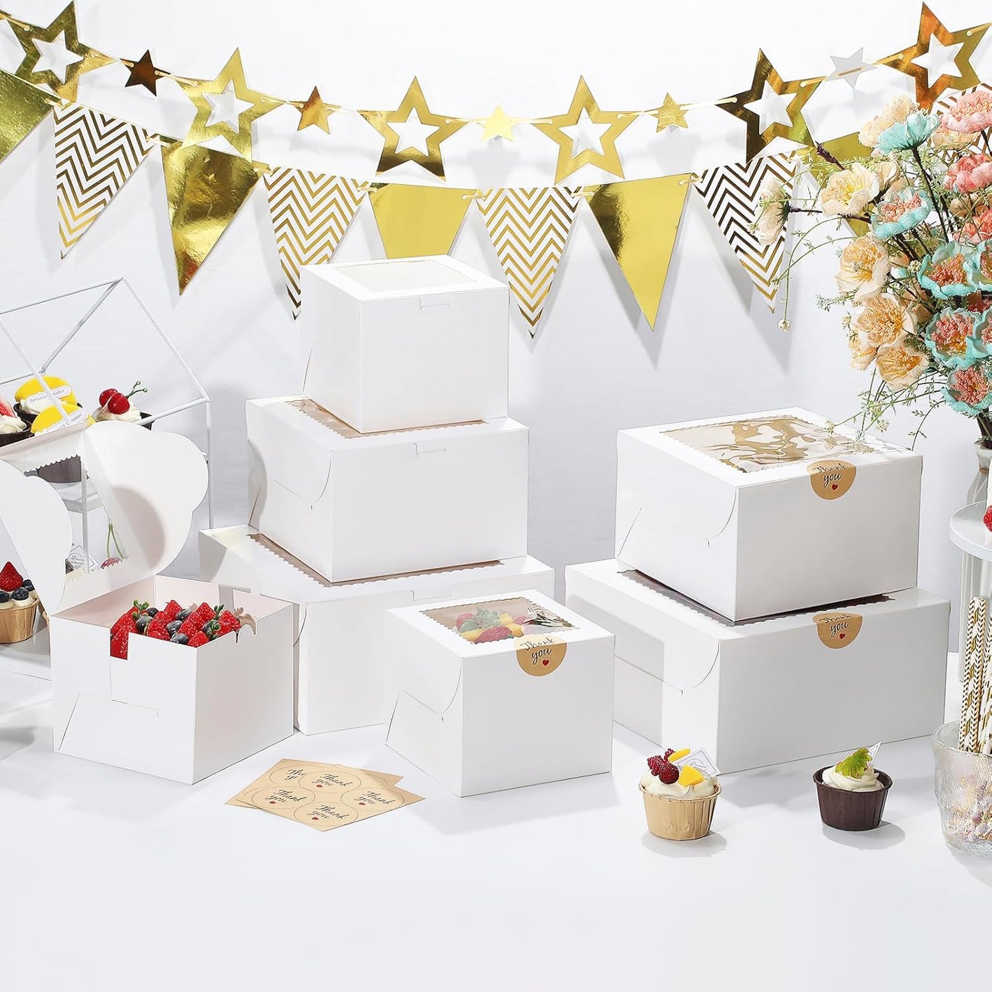 4pcs 6 Inch Cake Boxes with Sticks and Boards for Cookies, Small Cakes, Mini Desserts, Bento, and Bakery, Cupcake Box for Birthday, Party, Wedding, Mother's Day, Christmas（6x6x5 inch）