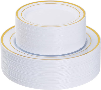 Goodluck 200PCS Gold Plastic Plates, Heavy Duty Disposable Gold Plates with 100 10.25 inch Dinner Plates and 100 7.5 inch Dessert Plates for Party, Holiday, Wedding, Thanksgiving