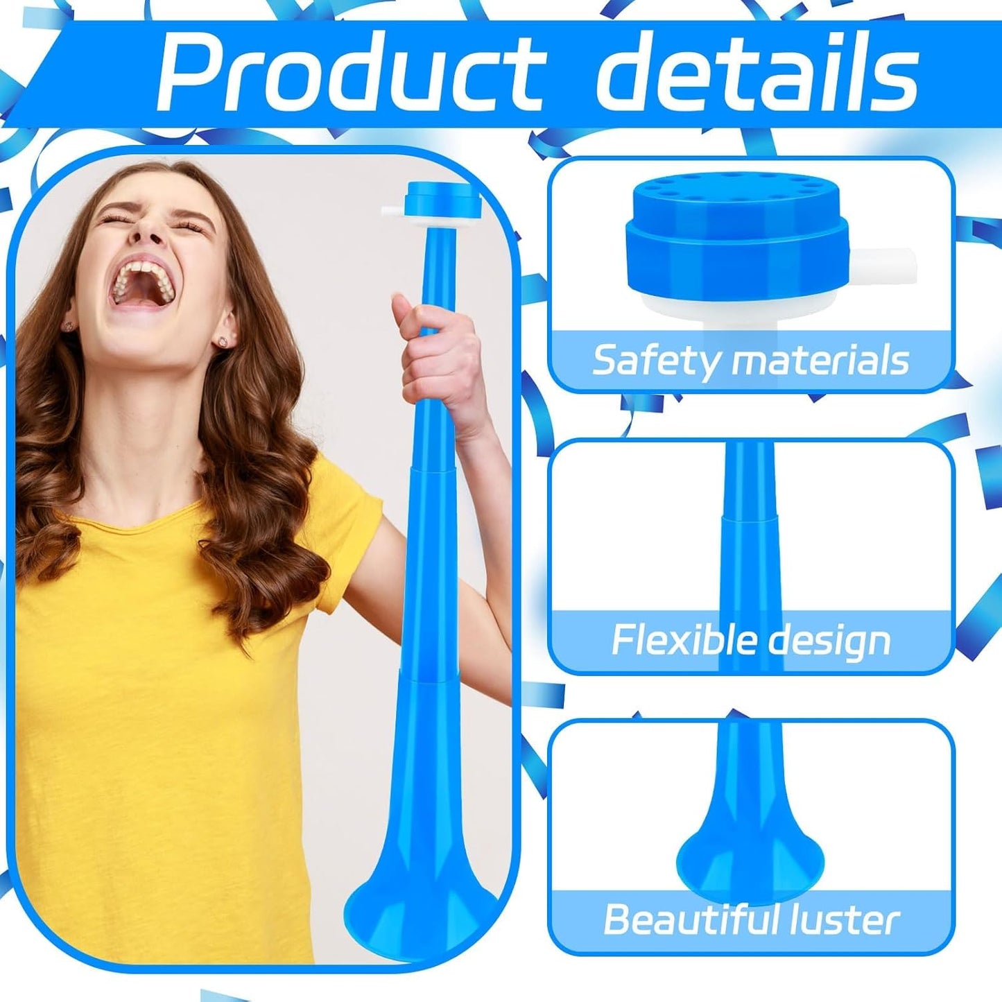Denylo pro Collapsible Stadium Horn 24 Inch Vuvuzela Plastic Trumpet Horn Blue Blow Horn Loud Sound Soccer Horn Noisemakers for Sporting Events Graduation Party Supplies