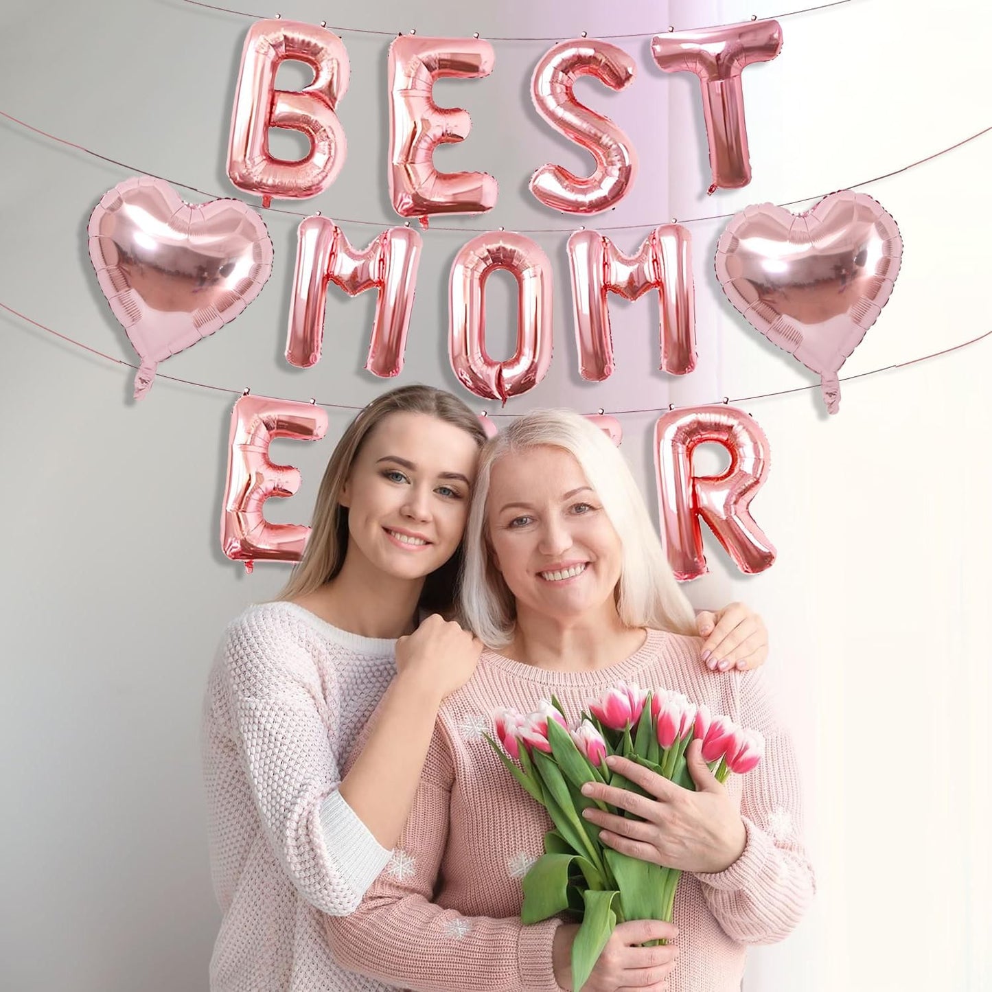 Rose Gold Best Mom Ever Balloons,16 Inch Mom Balloon Letters for Mother Birthday Mother's Day Decorations