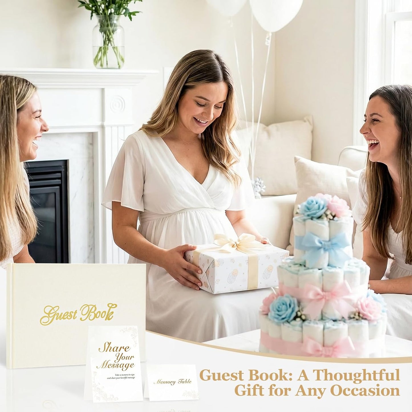 Guest Book for All Occasions – White Hardcover with Gold Foil, 120 Acid-Free Blank Pages, Includes Table Sign & Welcome Card | 8.66x6.69 Sign-in Book for Wedding, Party & Memorial