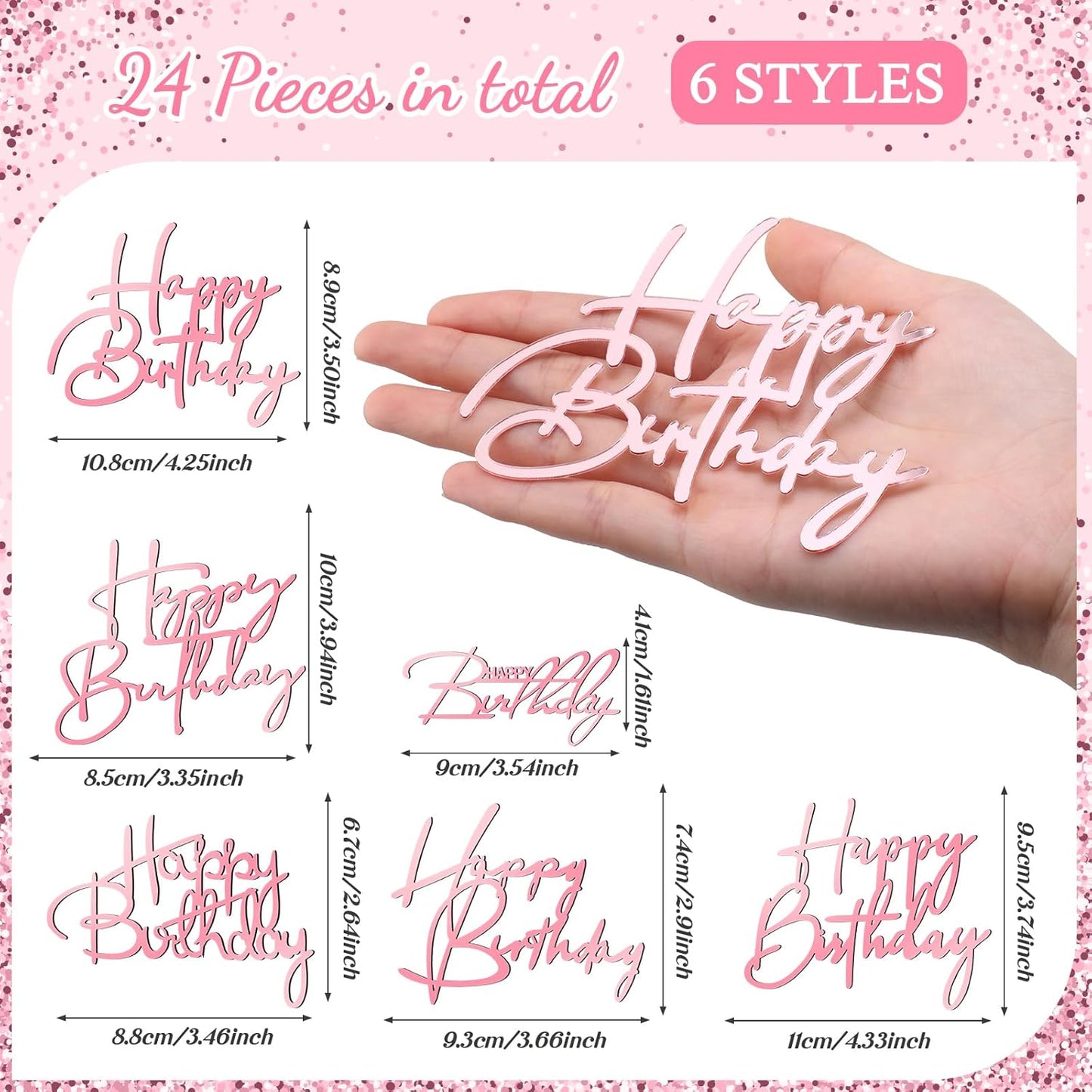 Barydat 24 Pieces Gold Happy Birthday Cake Toppers Mirror Acrylic Cupcake Topper Happy Birthday Sign for Cake Side Cupcake Decorations, 6 Styles
