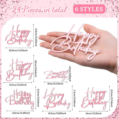 Barydat 24 Pieces Gold Happy Birthday Cake Toppers Mirror Acrylic Cupcake Topper Happy Birthday Sign for Cake Side Cupcake Decorations, 6 Styles