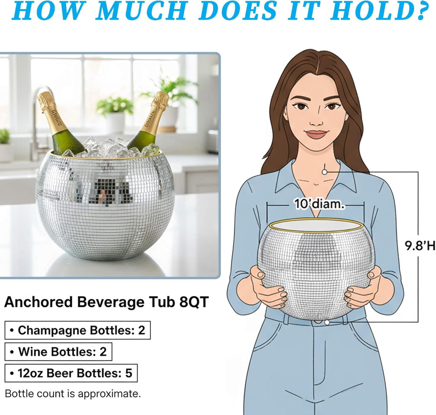 9.8 Inch Disco Ball Ice Bucket, Mirror Silver Cooler for Wine, Beer & Champagne, Perfect Retro Party Accessory