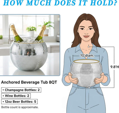 9.8 Inch Disco Ball Ice Bucket, Mirror Silver Cooler for Wine, Beer & Champagne, Perfect Retro Party Accessory