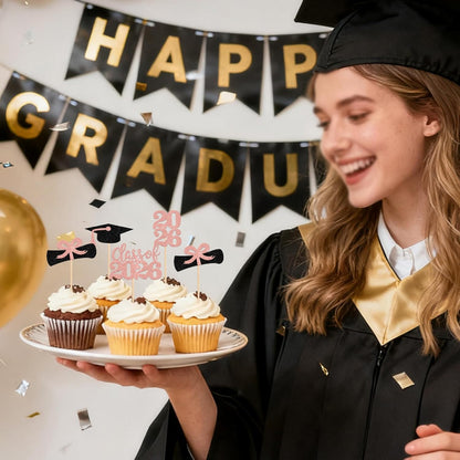 36 PCS 2026 Graduation Theme Cupcake Toppers Glitter Class of 2026 Grad Cap Diploma Cupcake Picks 2026 Graduation Theme Party Cake Decorations Supplies Deep Blue