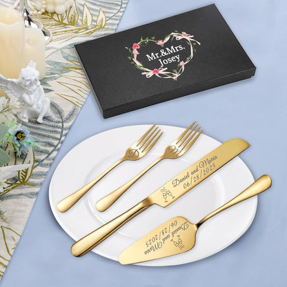 Personalized Wedding Cake Knife and Server Set, Wedding Gold Cake Cutting Set with Stainless Steel Forks, Customized Bridal Anniversary Birthday Wedding Registry Gifts for Couple (Non-customized)
