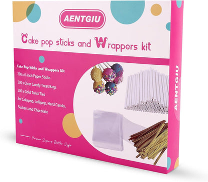 300 PCS Cake Pop Sticks and Wrappers Kit, Including 100ct 6-inch Paper Lollipop Sticks, 100ct Clear Candy Treat Bags Parcel, 100ct Gold Twist Ties for Cakepop, Lollipop, Hard Candy, Suckers, Chocolate