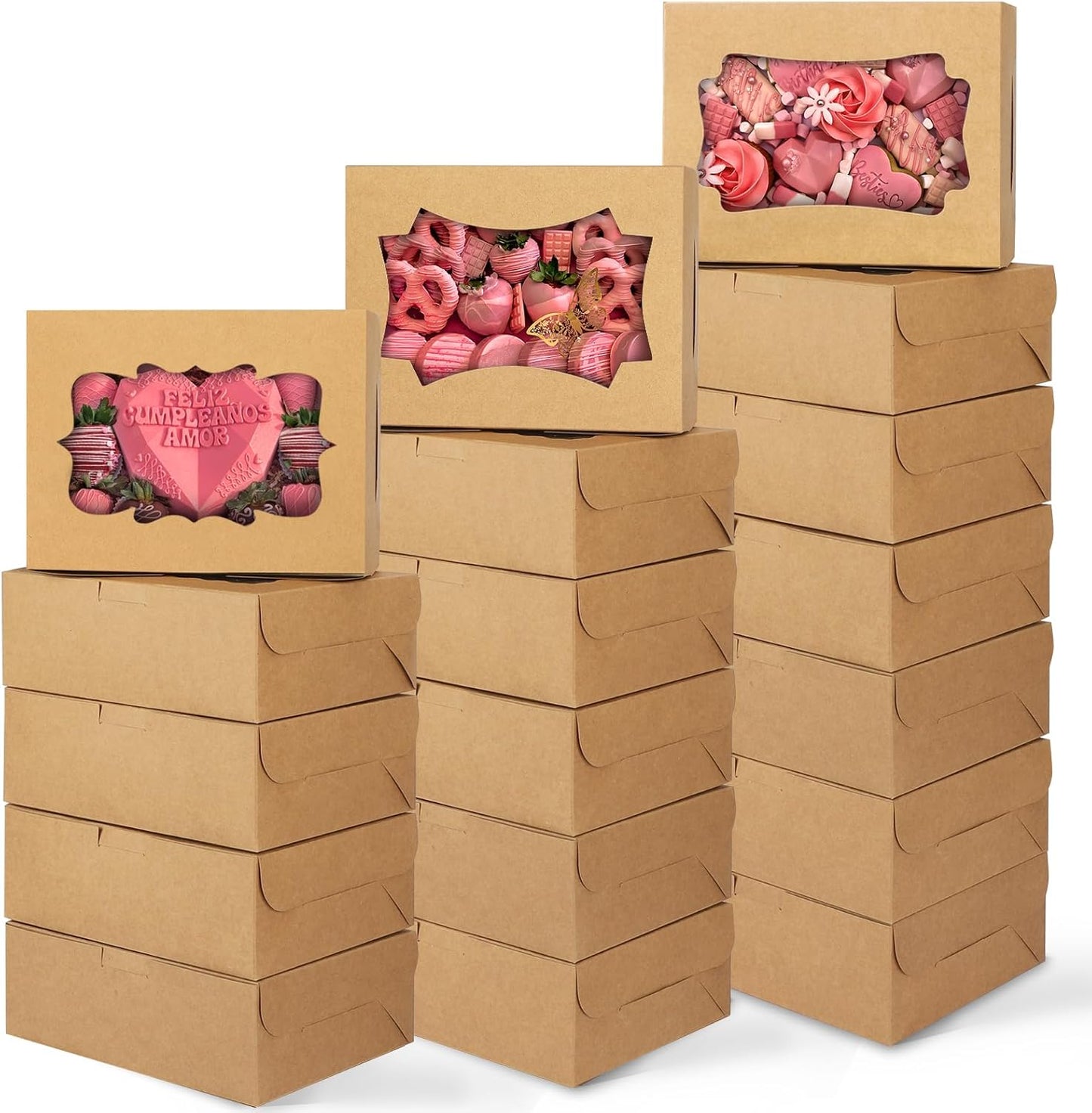 TOMNK 12pcs 8x6x2.5 Inches Brown Bakery Boxes with Window, Cookie Boxes for Chocolate Strawberries, Donuts, Cupcakes, Muffins and Dessert